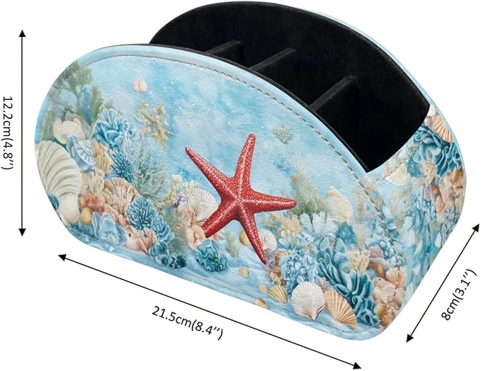 Forchrinse Hawaii Starfish Remote Control Holder Modern Leather TV Remote Caddy for Table Desktop Organizer with 5 Compartment for Office Supplies,Home