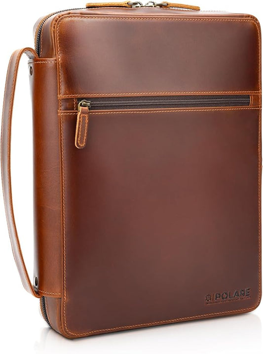 Polare Cowhide Leather Bible Cover Church Bag Bible Protective Book Holder Carrying Case Folder Organizer Portfolio (Brown)