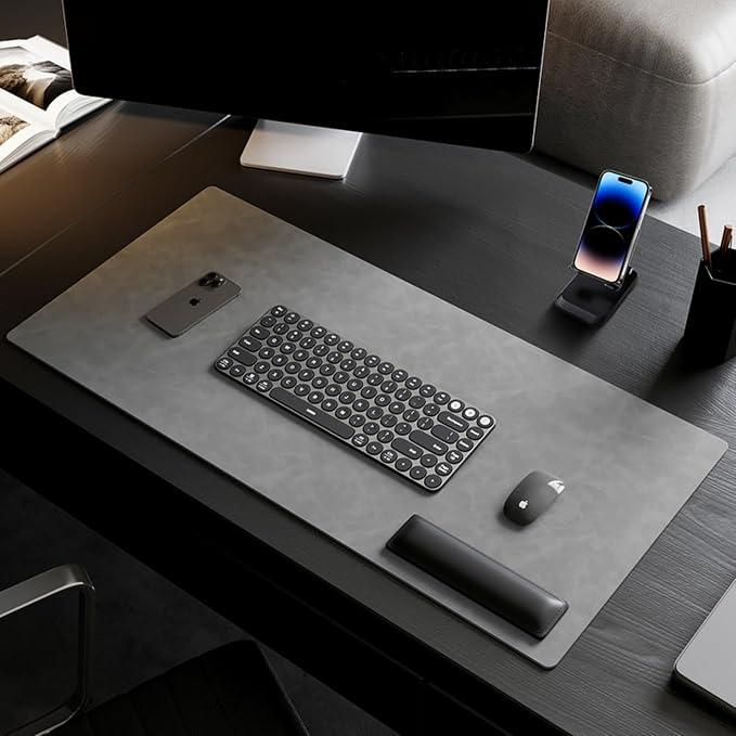 Leather 17.7" x 39.37 Desk pad for Computer and laptops, Ideal for Gaming and Office use, Large Mouse pad and Keyboard mat,Desk mat for man. A complimentary Wrist pad and Phone Stand.(Gemstone Gray)