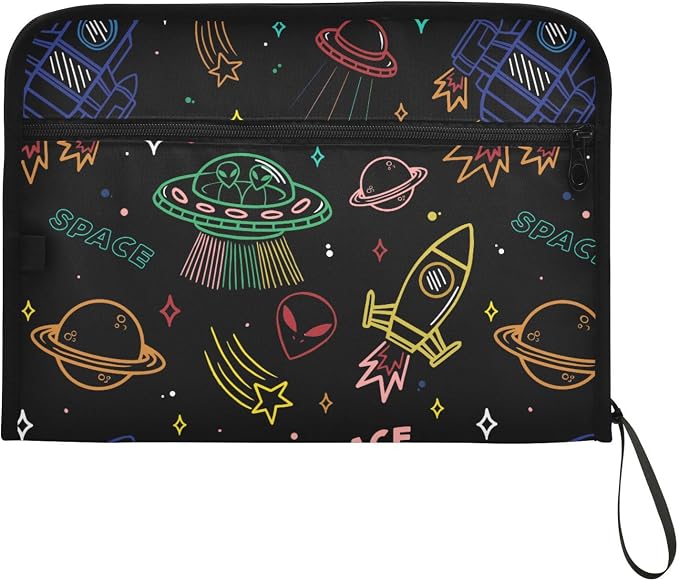 13 Pockets Expanding File Folder UFO Aliens Spaceship Colorful with Sticky Labels Accordion File Folder Document Organizer Letter Size A4 Papers Expandable File Keeper
