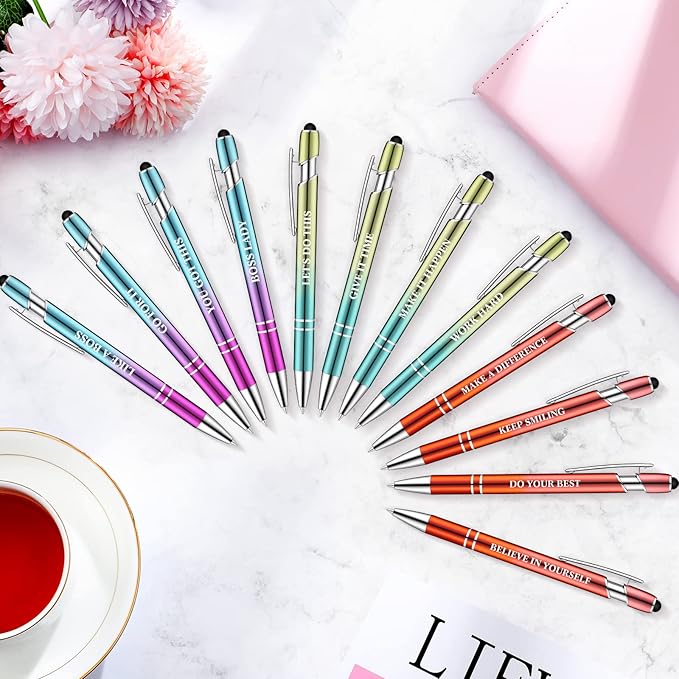 Zonon 12 Pcs Inspirational Pens Gift Set Funny Ballpoint Pen with Stylus Tip Motivational Graduation Gifts Bulk for Teacher Coworkers Nurse School Office Supplies(Plating Color,Motivational Style)