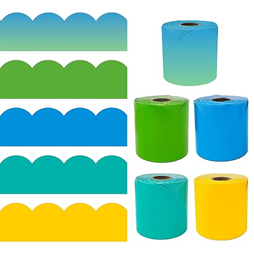IXL 5 pc Bundle of Colorful Bulletin Board Borders, 65ft Rolls of Green, Blue, and Yellow Scalloped Trim for Rolling Whiteboard, Cork and Posterboard, Party, Office Decorations, and Classroom Decor