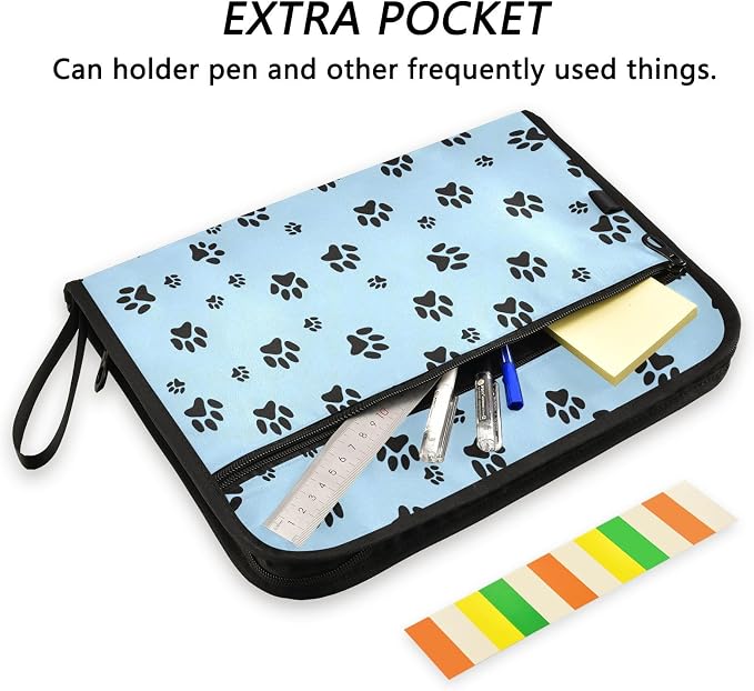 ALAZA Black Dog Paw Blue 13 Pocket Expanding File Folder with Labels, Accordion File Folder File Organizer Letter A4 Paper for Office School Student
