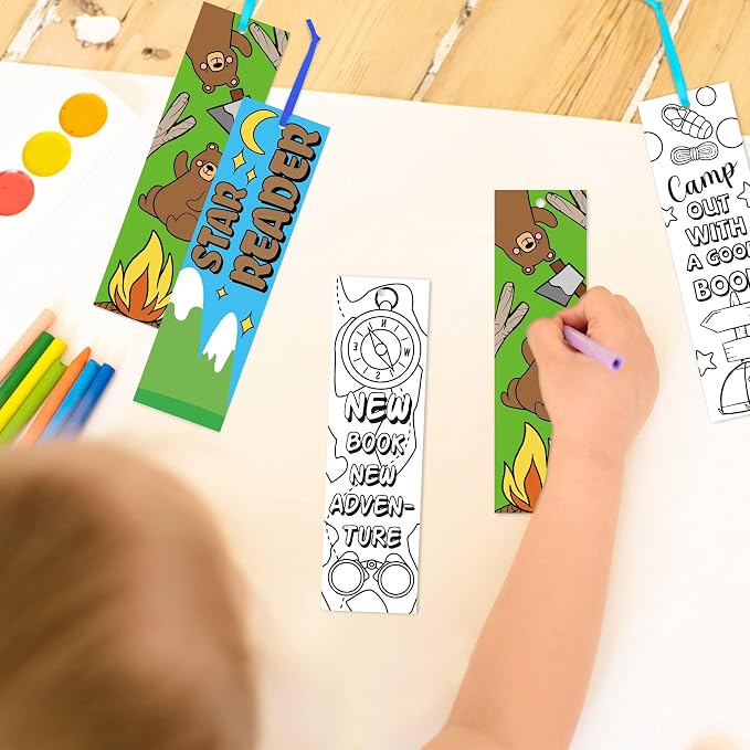 ANGOLIO 75Pcs DIY Coloring Bookmarks - Summer Camping Theme Blank Bookmarks for Kids Students, School Classroom Home DIY Art Crafts Summer Birthday Party Favors, Reading Rewards, Goodie Bag Fillers