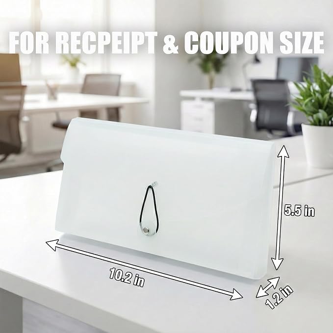 Portable 13-Pocket Receipt & Coupon Organizer, Small Expanding Accordion File Folder with Labels, Long Ticket Size Holder for Bills, Checks, and Travel Documents (10.2" x 5.5"), White