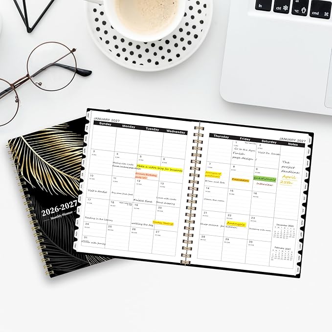 Ymumuda 2026 Monthly Planner - 2 Year Monthly Planner, JAN.2026 to DEC.2027, 8.5" x 11", Large Calendar with Spiral Bound, 24 Coated Tabs,24 Months Perfect for School & Office Schedule, Golden Leaves