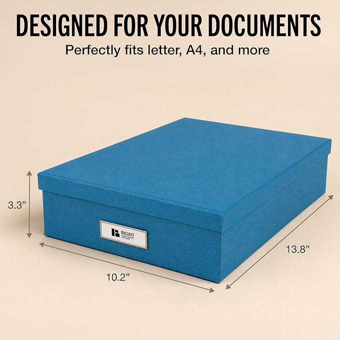 Bigso Oskar Fiberboard Label Frame Document Letter Box - File Organizer Box for Important Paperwork - Document Storage with a Lid & Metal Label Window - 3.3 in x 10.2 in x 13.8 in - Turquoise