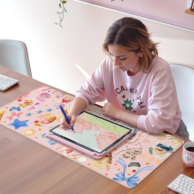iCasso Pink Desk Mat, Cute Aesthetic Large Mouse Pad, Waterproof Keyboard Pad, Non-Slip Desk Protector with Stitched Edges for Women Home Office, Gaming, Dorm