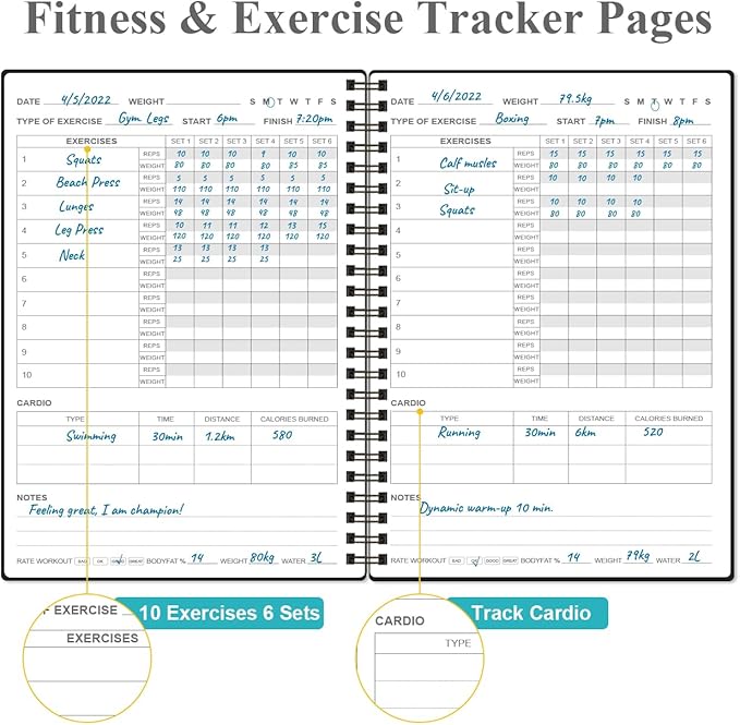 Fitness Journal for Women & Men - A5 Workout Journal/Planner Daily Exercise Log Book to Weight Loss, Gym, Muscle Gain, Bodybuilding Progress - Daily Personal Health & Wellness Tracker, Spiral-Bound, 5.8" x 8.3", Deep Black