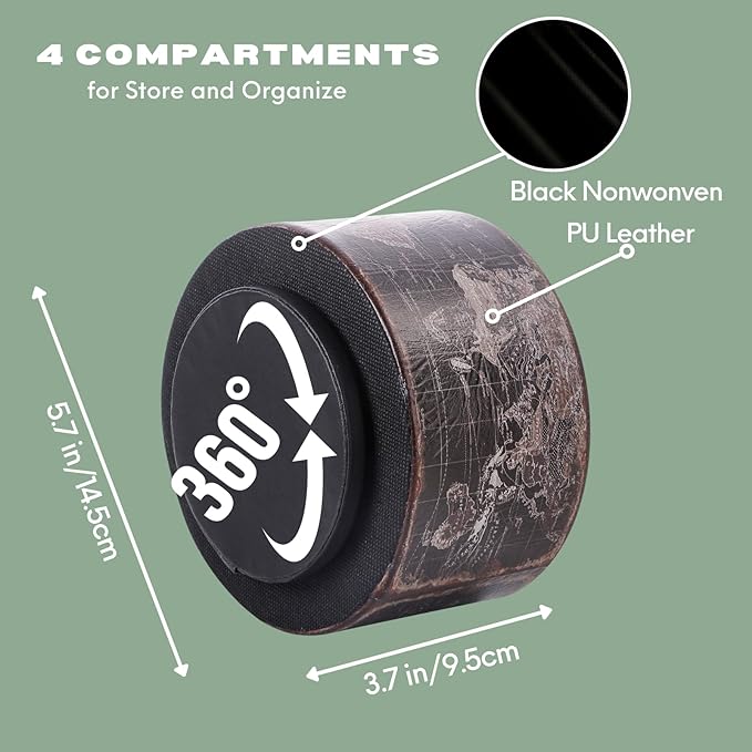 Vintage World Map Remote Control Holder, 360 Degree Rotating Desk Organizer and TV Remote Caddy, PU Leather Spinning Pen Holder for Living Room, Nightstand, and Office Supplies PH132