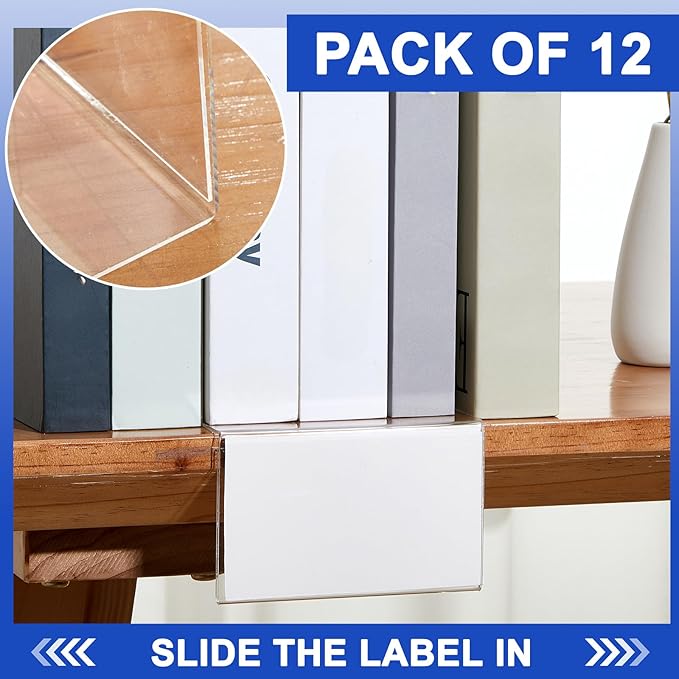 Feifeiya 12 Pcs Acrylic Library Moveable Shelf Label Holders Bulk Talker 5" x 3" Clear Shelf Display Markers Retail Label Tags for Office Home Classroom Office Book Shelve