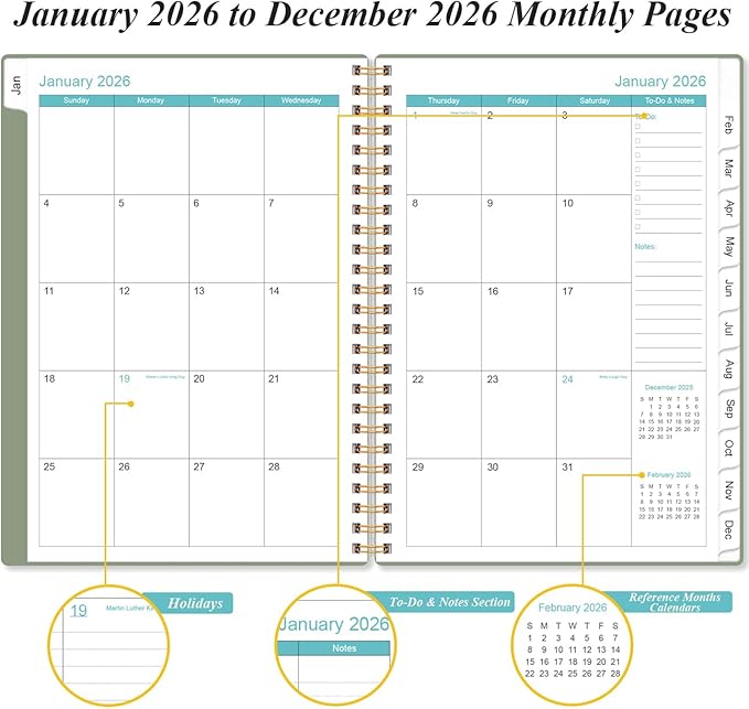 2026 Planner - Weekly & Monthly Planner from January 2026 - December 2026, Planner 2026 with Flexible Cover, Tabs, Inner Pocket, 6.4" x 8.5", Green