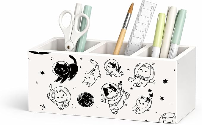 Space Cat Desk Organizer Wooden Pen Pencil Holder for Desk, 3 Compartments Office Accessories, Cute Astronaut Cat Decor, Funny Cat Lover Gifts for Women Kids Home Office Storage