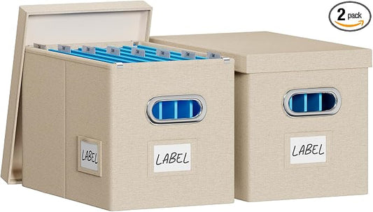 FHSQX File Box with Lid-File Organizer Box Set of 2 Portable Hanging File Box-Decorative Filing Storage Boxes for Office & Home File Cabinet (Beige, 14 x 9.3 x 10.9 in (2Pack))