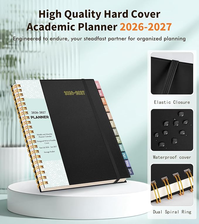 Academic Planner 2026-2027, Weekly and Monthly Calendar Planner from July 2026 - June 2027, 6.1" x 8.2" A5 Large Daily Agenda Book with Tabs, Flexible Cover, College School Organizer for Student Teacher, Black