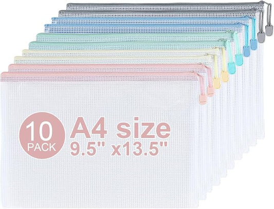 10 Pack Mesh Zipper Pouch Bags, A4 Plastic Zipper Bags,Waterproof File Pouches for Office Supplies, Travel, Storage, Puzzles & Board Games