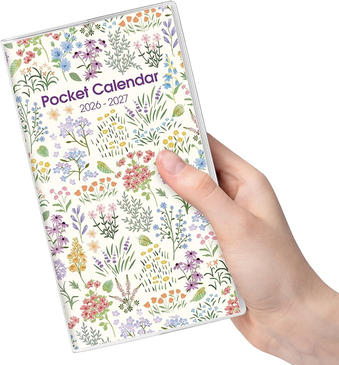 Phyxin Pocket Calendar 2026-2027, Small Calendar 2026 - Runs From Jan 2026 to Dec 2027, Pocket Planner-3.7" x 6.7" with PVC Cover, Pocket Calendar for School, Home and Office Supplies, Purple Flowers