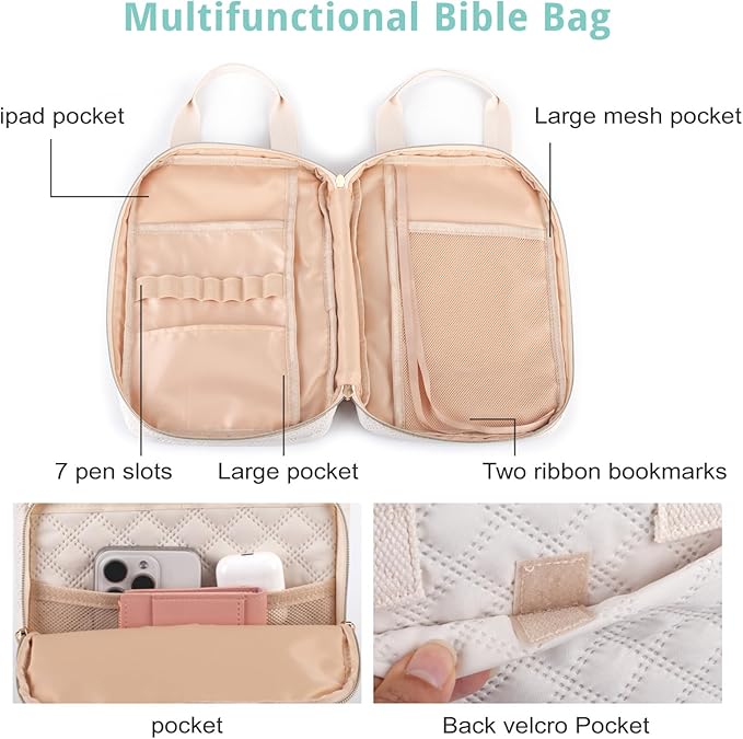 Bible Cover for Women, Bible Case with Handles,Carrying Bible Bag Scripture Case Church Bag Bible Protective with a Zippered Front Pocket & Back Pocket