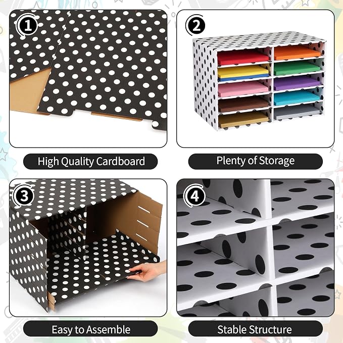 Dispowreath 2 Pack 10 Slots Construction Paper Storage, Classroom Mailboxes, Back to School Literature Cardboard Paper Organizer for Teacher, Office, 19.7 x 12.4 x 11.8 Inches(Black and White,Dots)
