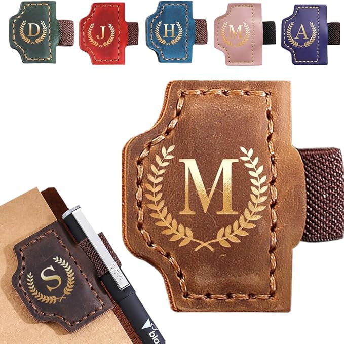 Personalized Mark Bookmark with Pen Holder, Leather Magnetic Book Marker 26 Letters,Custom Initials Page Marks, Gifts for Book Lovers Readers Men Women (Brown, M)