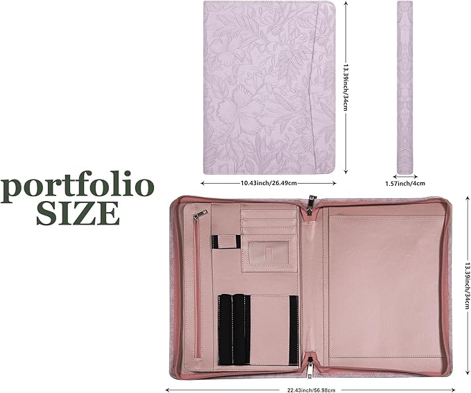 AZXCG Leather Portfolio for Women, Embossed PU Leather Padfolio with Zipper, Professional Business Document Organizer with A4 Notepad Holder, Professional Organizer for Resume/Interview(Purple)