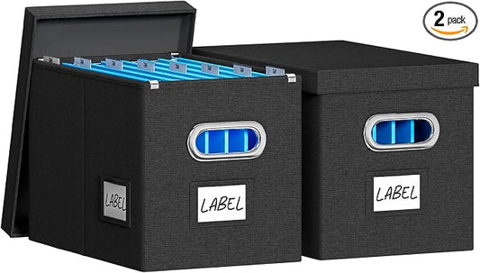 FHSQX File Box with Lid-File Organizer Box Set of 2 Portable Hanging File Box-Decorative Filing Storage Boxes for Office & Home File Cabinet (Black, 14 x 9.3 x 10.9 in (2Pack))
