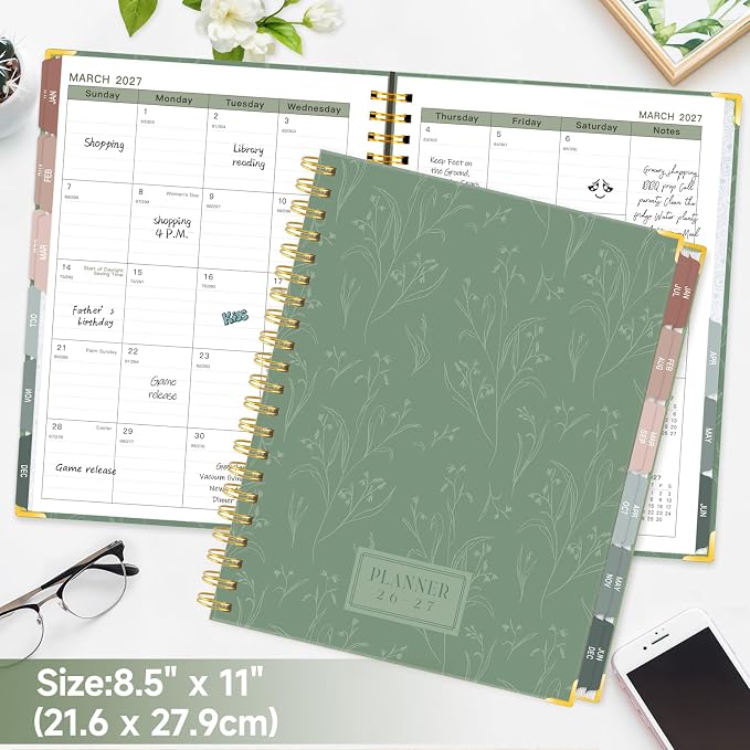 GuassLee Large 2026 Academic Planner, Weekly and Monthly Planner from July 2026-June 2027, 8.5"x 11" Aesthetic Greenery Agenda Book with Back Pocket, Stickers, Coated Tabs, A4 Size
