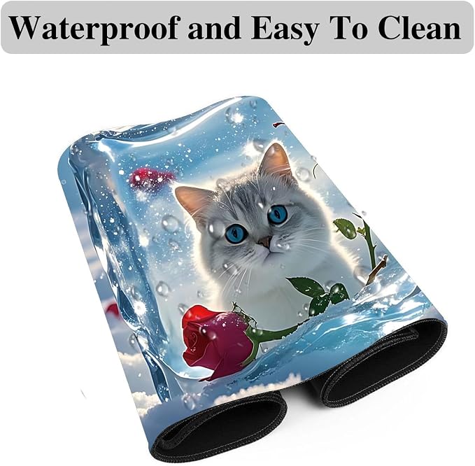 Mouse Pad Gaming Mousepad 31.5x11.8 Inch XXL Large + Coasters,Desk Mat with Stitched Edges, Non-Slip Rubber Base, Thick Mouse Pad for Computer, Laptop, Office & Home - Ice Cube Rose Cat