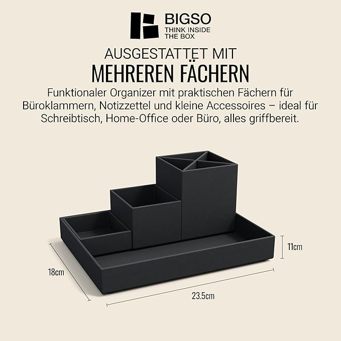 Bigso Box of Sweden Desk Storage Organiser for Stationery - Pen Holder with 4 Compartments for Various Office Items - Fibreboard and Paper Stationery Storage - Dark Grey