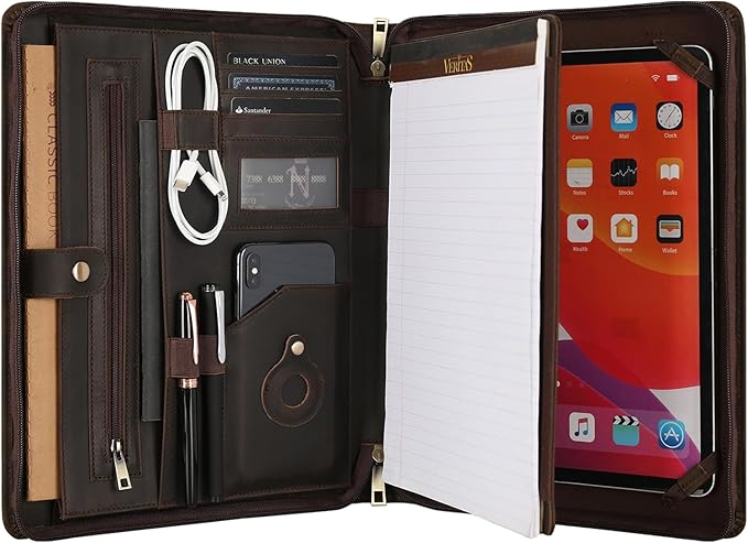 Leather Portfolio for 13-in iPad Pro M4/M5 & 13-in iPad Air M2/M3, Leather Padtfolio with ipad Holder for Letter Size Notepad, Personalized Padfolio for Men - Dark Khaki
