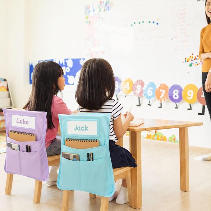 24pcs for Classroom 16.3x19.7inch Classroom Chair Pockets with Name Tag 3 Pockets Chair Organizer for Teacher Student School Office(Pink Purple)