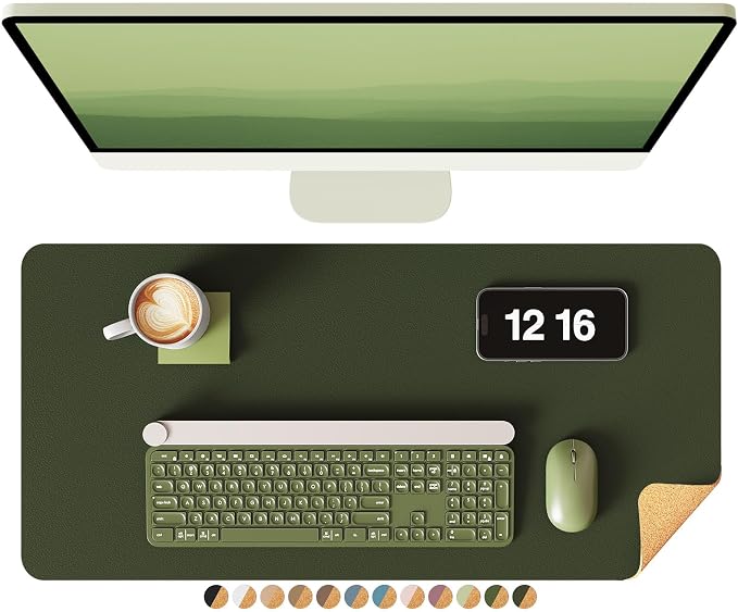 YSAGi Double-Sided Desk Pad, 23.6"x13.7" Leather Desk Mat, Eco Cork Desk Pad Protector, Large Mouse Pad for Desk, Waterproof Desk Blotter Pad, Desk Writing Pad for Office Work/Home(Dark Green/Cork)