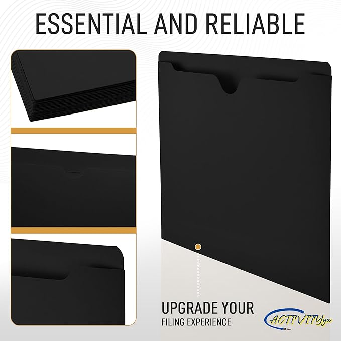 Black File Jackets, Flat-No Expansion, Letter Size, Reinforced Straight-Cut Tab, 10 Pack