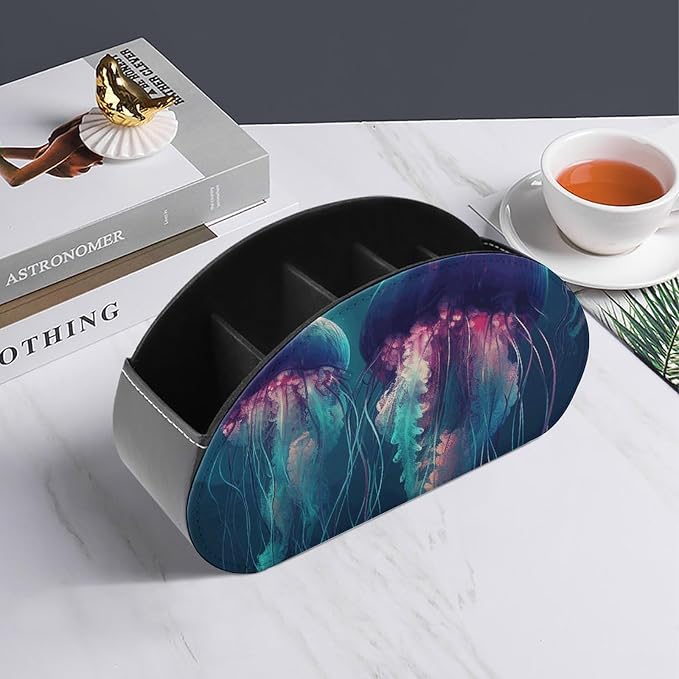 Color Jellyfish Remote Control Holder TV Remote Caddy with 5 Compartments PU Leather Storage Box Stylish Desk Organizer for TV/DVD/Accessories Desk Office Supplies Home