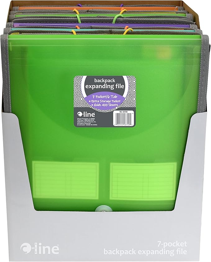 C-Line 7-Pocket Vertical Expanding Backpack Organizer File, 1 File, Color May Vary (58700), Assorted, 1" x 10 1/4" x 12 3/4" (Pack of 12)