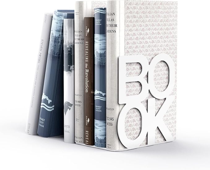Book Ends - Decorative Metal Book Ends Supports for Bookrack Desk,Books, Unique Appearance Design,Heavy Duty (White, 4 Pair)