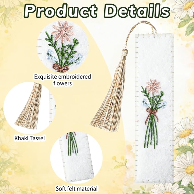 Gersoniel 2 Pack Embroidery Felt Bookmarks Floral Patterns Bookmark with Tassels Handmade Flower Bookmark Cute Book Markers for Reading Adults School Office Book Lovers Gifts (Plant)