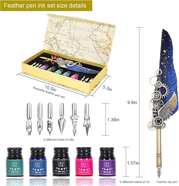 NC Feather Pen Ink Set, Quill Pen Includes 5 Bottles of Ink and 6 Replaceable Nibs, Mechanical Quill Pen for Writing, Letters, Diary, Signing, Invitations (Navy Blue)