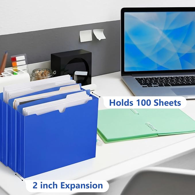 Dunzoom 50 Pack File Jackets Letter Size 2 Inch Blue Expansion Manila Plastic File Folders Expandable Heavy Duty Reinforced Straight Cut Tab Expandable Document Jacket for Office