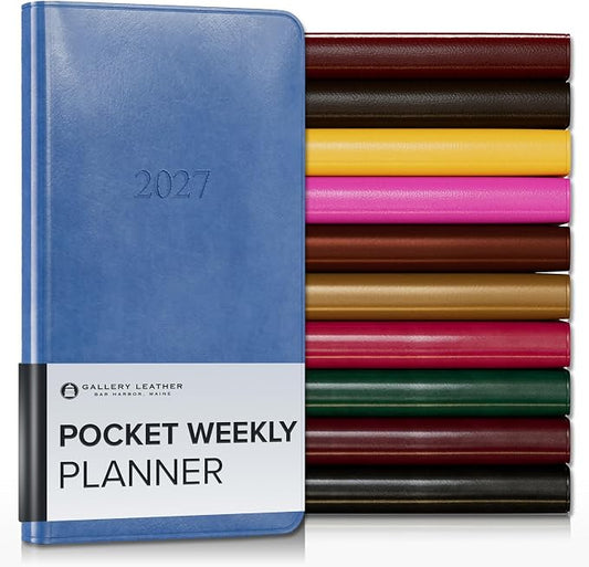 Gallery Leather Pocket Weekly Monthly Planner 2027, Elegantly Bound Calendar Planner and Notebook with Stylish Gold-Gilded Page Edges, 12 Months - Acadia Hydrangea - 6x3.25"