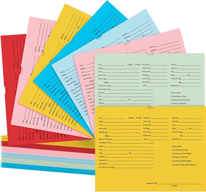 Watersay 30 Pcs 9 x 12 in Vehicle Dealer Jackets for Car Sales 32lb Colored Printed Deal Envelopes Dealership Supplies File Jackets Automotive Folders for Car Dealerships (Classic,Colorful)