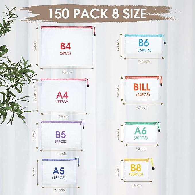 Kisston 150 Pcs Mesh Zipper Pouch Bags Bulk, 8 Sizes Plastic Zipper Bags, 8 Colors Waterproof File Pouches for Organization, Multipurpose Travel Pouches for Travel, Office, Board Game