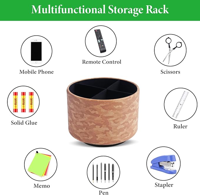 Round Leather Art Supply Organizer,Remote Control Holder,360 Degree Rotating,Multi-Functional Pencil Holder,4 Compartments Desktop Stationary Organizer(1-Camouflage Brown)