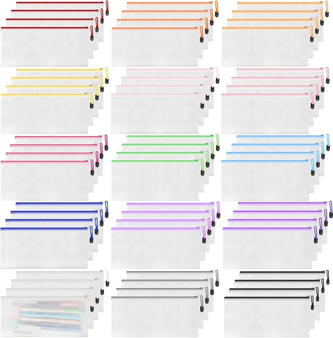EVERECO 60pcs Small Zipper Pouch, 9.3 x 4.5 Inches PVC Mesh Zipper Pouches in 15 Colors, Bill Size Waterproof Pouches for Organizing, Board Game Storage, Office Supplies and Travel