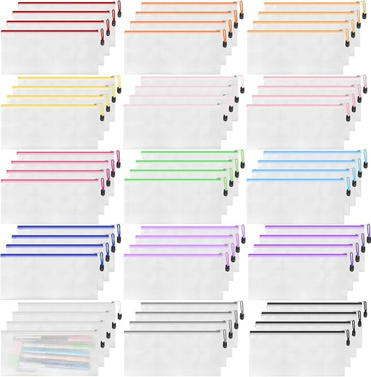 EVERECO 60pcs Small Zipper Pouch, 9.3 x 4.5 Inches PVC Mesh Zipper Pouches in 15 Colors, Bill Size Waterproof Pouches for Organizing, Board Game Storage, Office Supplies and Travel