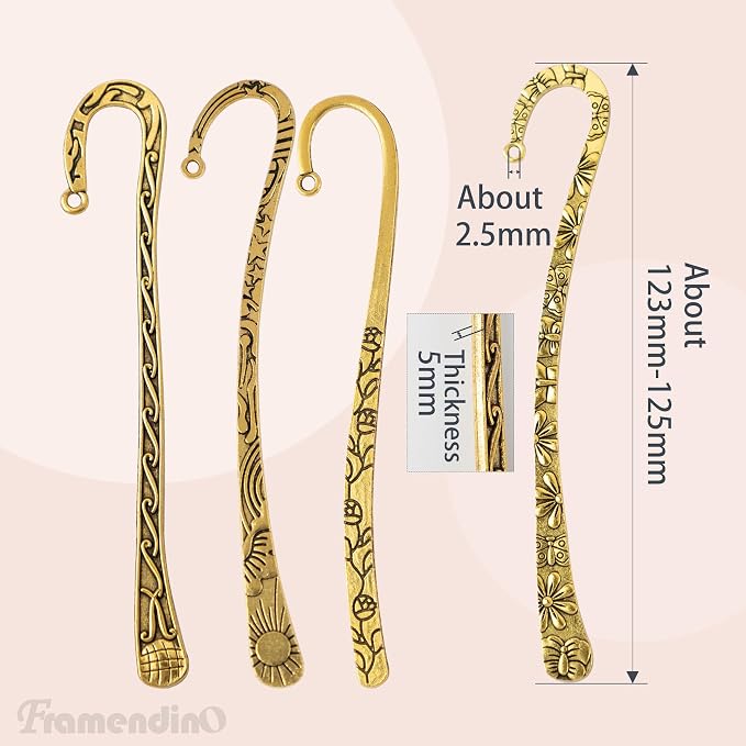 Framendino, 12 Pack Metal Bookmark Antique Tibetan Carved Hook Bookmarks with Loop for Crafting (4 Colors)