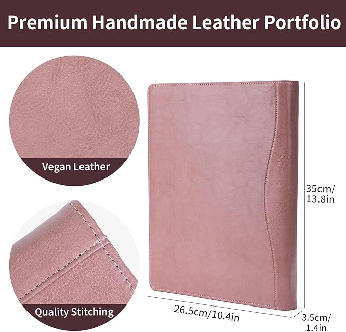 Personalized Vegan Leather 3 Ring Binder, Custom 8.5 x 11 Letter Size Folio with Pen Holder, Soft Notebook Portfolio Cover, Notepad Padfolio Organizer for Meeting, Pink