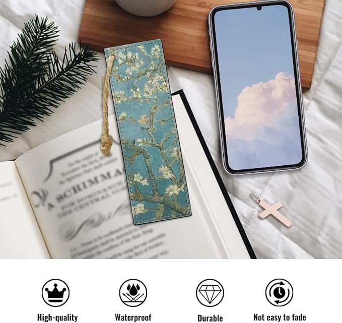 Bookmark 2 PCS Leather Bookmarks for Women, Men, Book Lovers, Page Markers for Students Teachers Reading Almond Blossom Personalized Bookmark