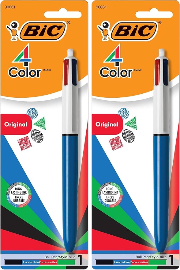 BIC 4-Color Original Retractable Ball Pens, Medium Point (1.0mm), 1-Count Pack, Retractable Ball Pen With Long-Lasting Ink (Pen barrel color may vary) (Pack of 2)