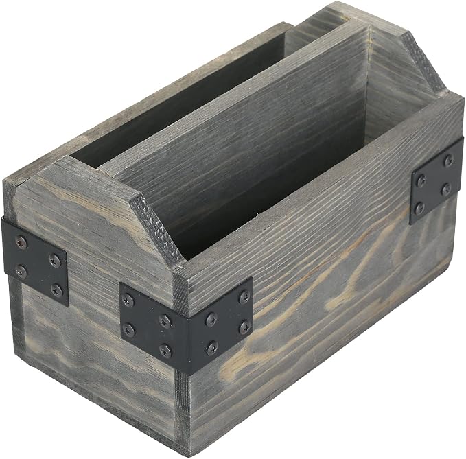 MyGift Vintage Gray Wood TV Remote Control Organizer Holder Storage Caddy for Table with 2 Compartments and Decorative Black Metal Wrap Accents